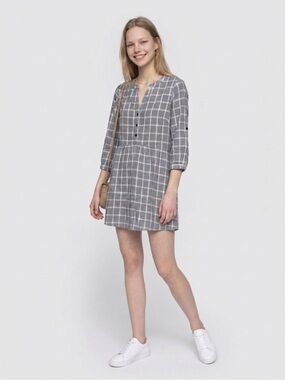 ILLA ILLA Gray Windowpane Plaid Mini Dress | Empire Waist | Size Small | NWOT